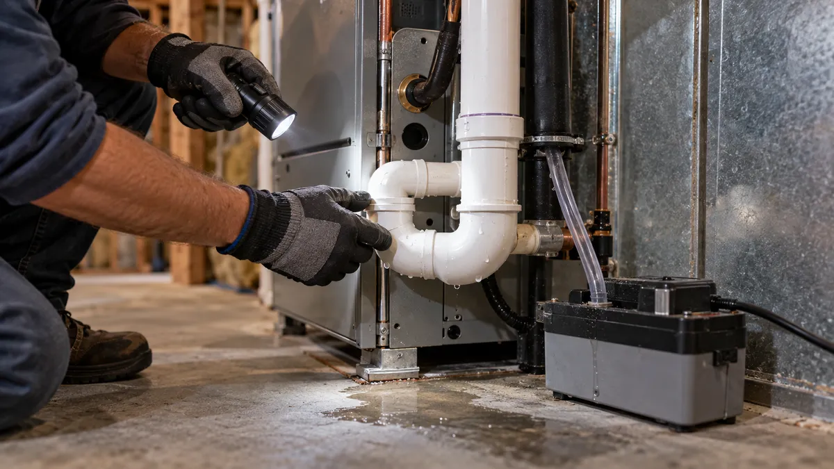 Furnace leaking water: technician checking the PVC condensate trap and drain line on a high-efficiency gas furnace beside a small puddle on a basement floor
