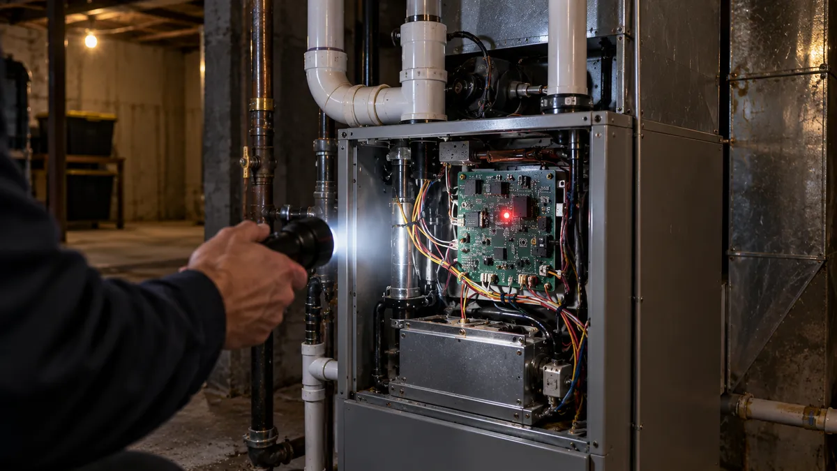 Furnace not turning on: gas furnace with the front panel removed and the control board diagnostic LED glowing in a cold basement