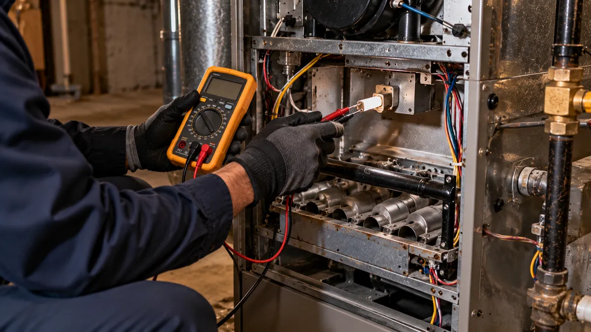 Furnace not turning on: HVAC technician testing a gas furnace hot surface ignitor with a multimeter, front panel removed, in a basement