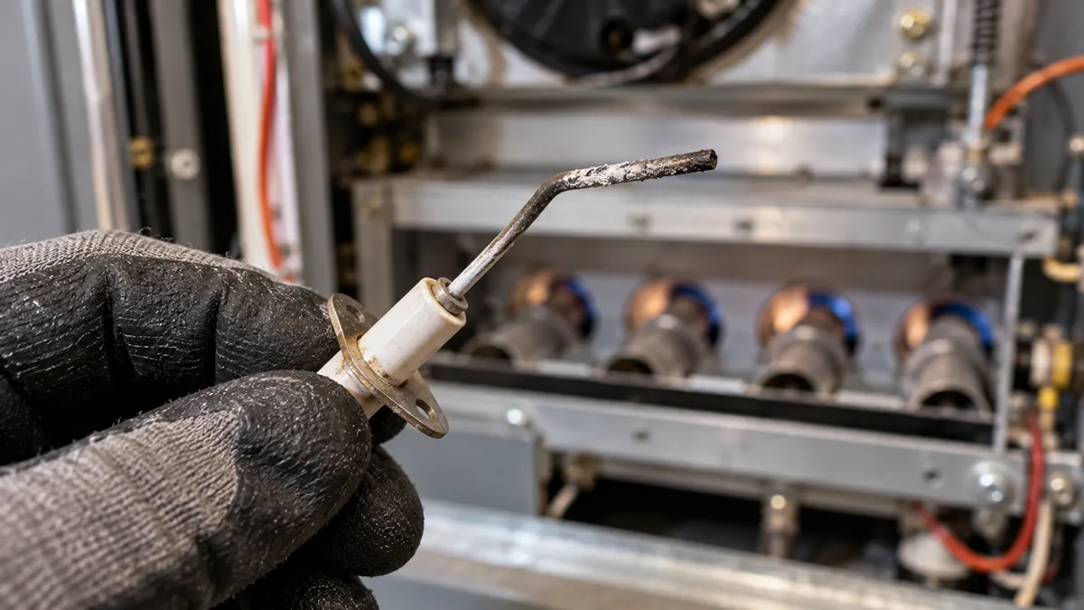 Furnace short cycling cause: technician's gloved hand holding a sooty, dirty flame sensor removed from a gas furnace burner assembly