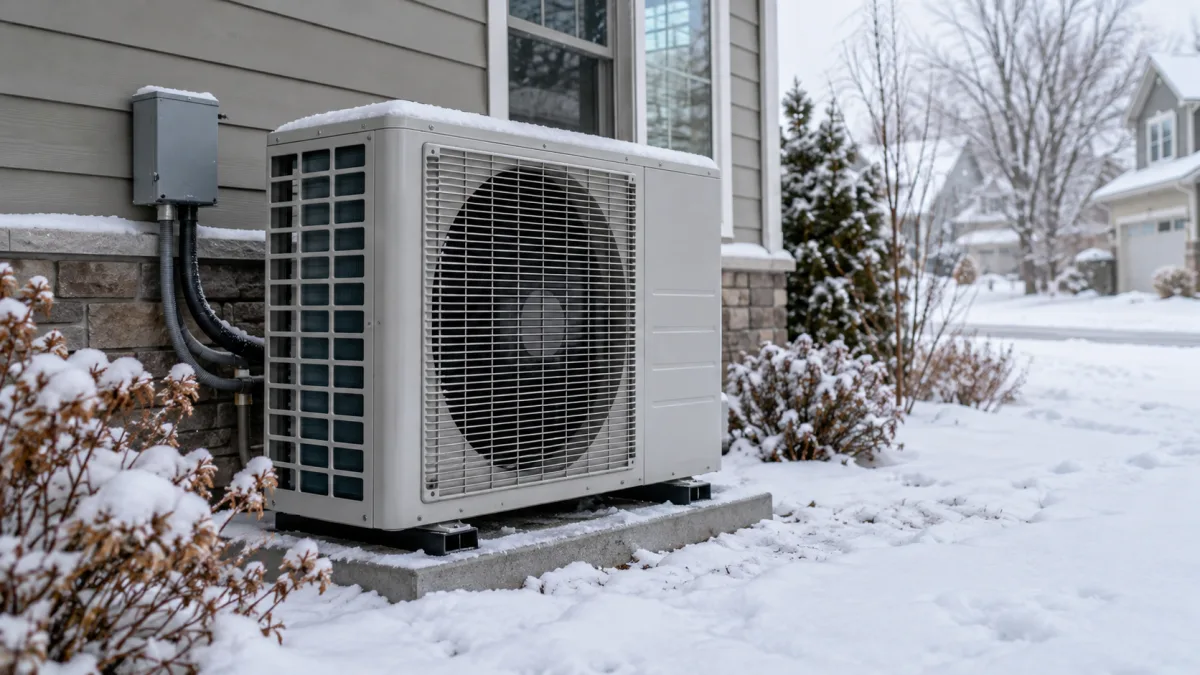 Heat pump cost: cold-climate outdoor heat pump unit running on a snowy day beside a New Jersey home