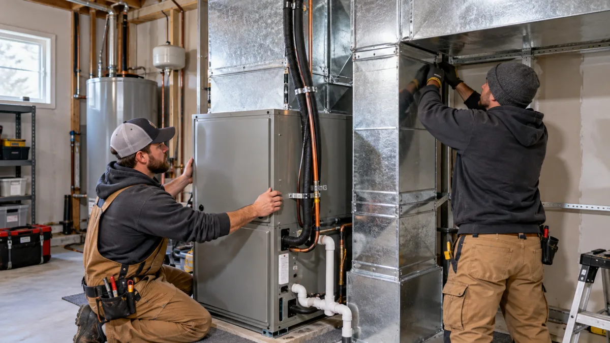 Heat pump cost: installers fitting a ducted heat pump air handler and plenum connections in a home utility room