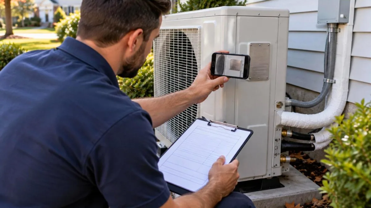 Technician reviewing NJ HVAC rebates paperwork beside a newly installed heat pump outside a New Jersey home