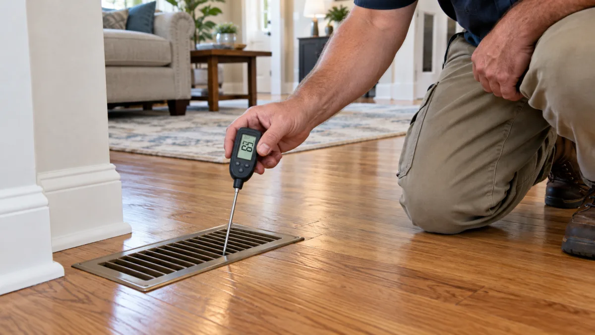 Heat pump not heating: technician measuring supply air temperature at a register with a probe thermometer