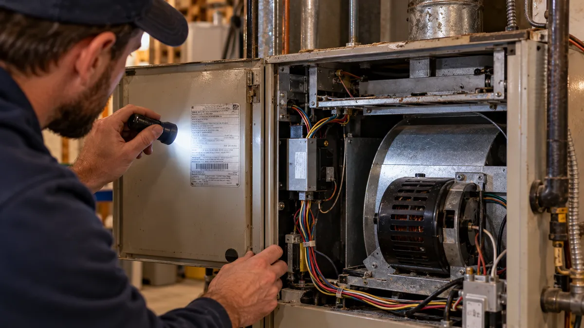 How long do furnaces last: technician shining a flashlight on the data plate inside the door of an older gas furnace to read the serial number and find its age