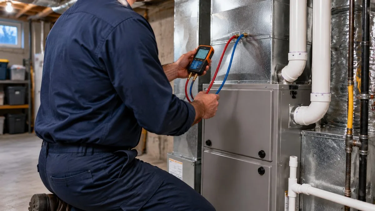HVAC installer commissioning a new furnace and coil by measuring static pressure in the supply plenum with a digital manometer