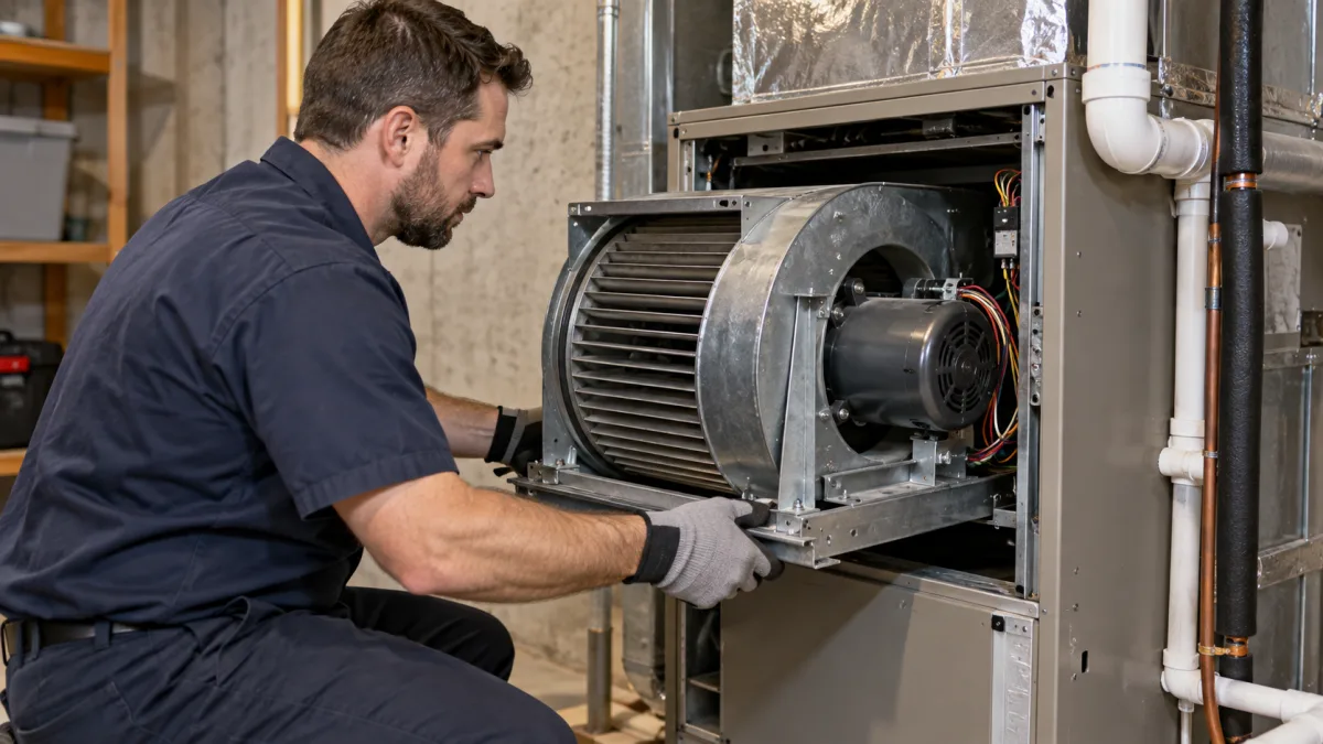 HVAC repair: technician removing a blower motor and squirrel-cage wheel from a residential air handler for replacement