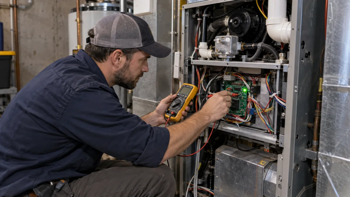 HVAC repair: technician probing a furnace control board with a multimeter while reading diagnostic fault codes