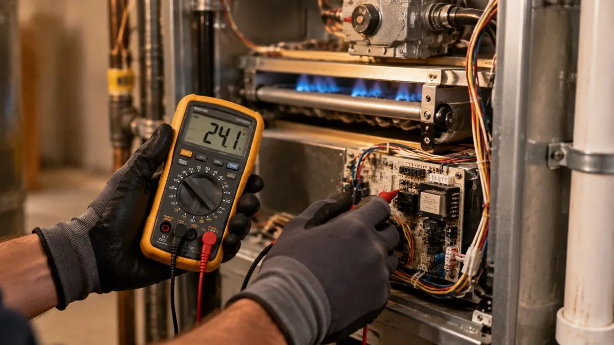 HVAC service technician testing a furnace control board with a multimeter reading 24 volts during a diagnostic service visit