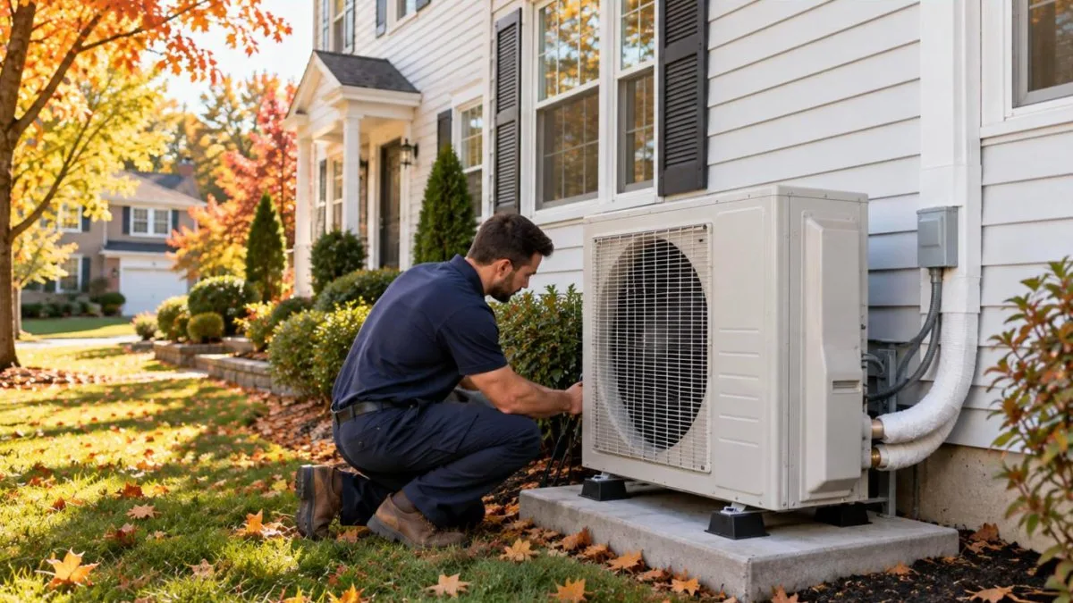 Technician checking a new heat pump beside a New Jersey colonial home, illustrating NJ HVAC rebates and incentives