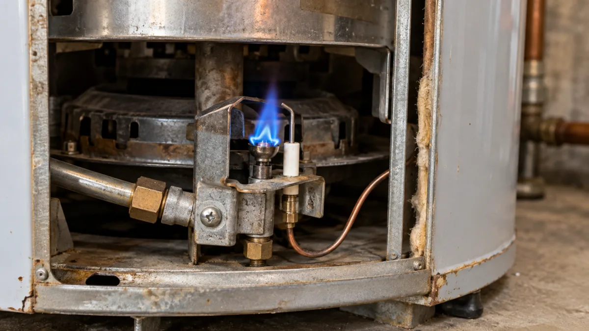 No hot water: close view of the pilot assembly and thermocouple at the burner of a residential gas water heater
