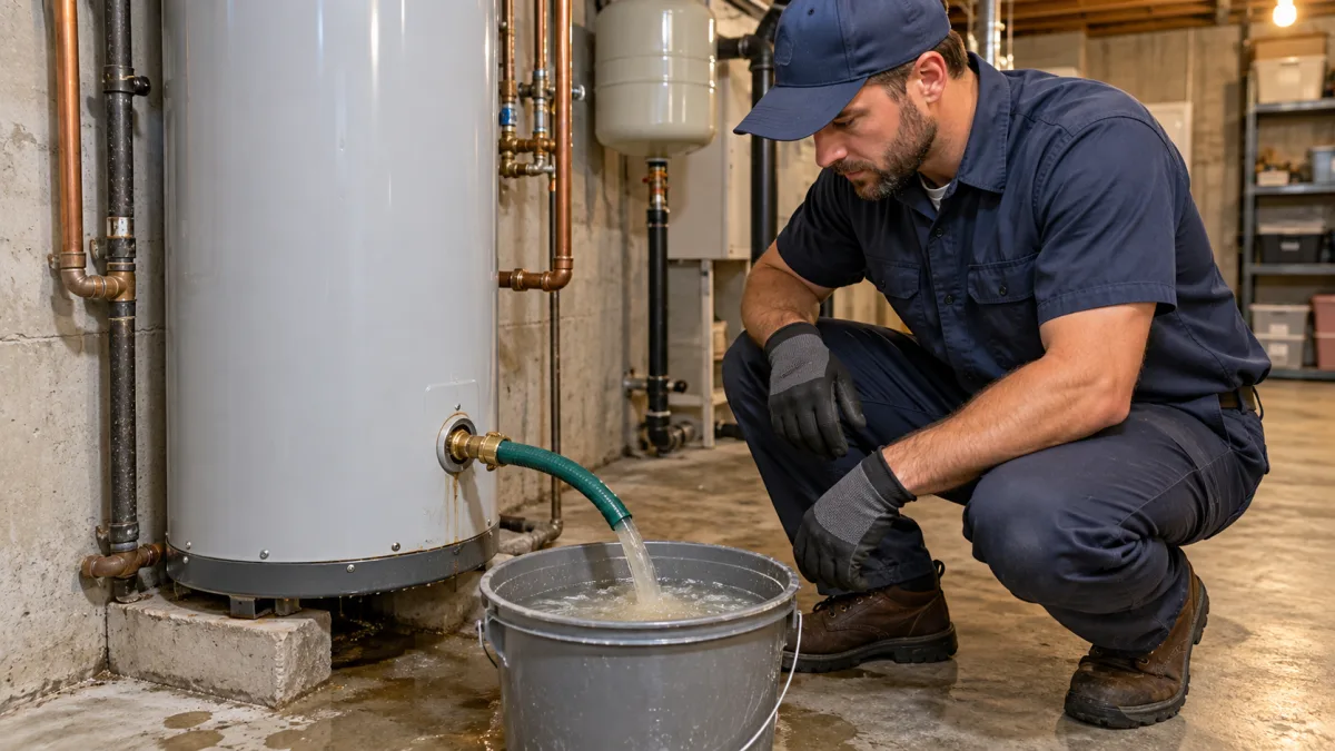 No hot water: plumber flushing mineral sediment from the drain valve of a residential water heater into a bucket