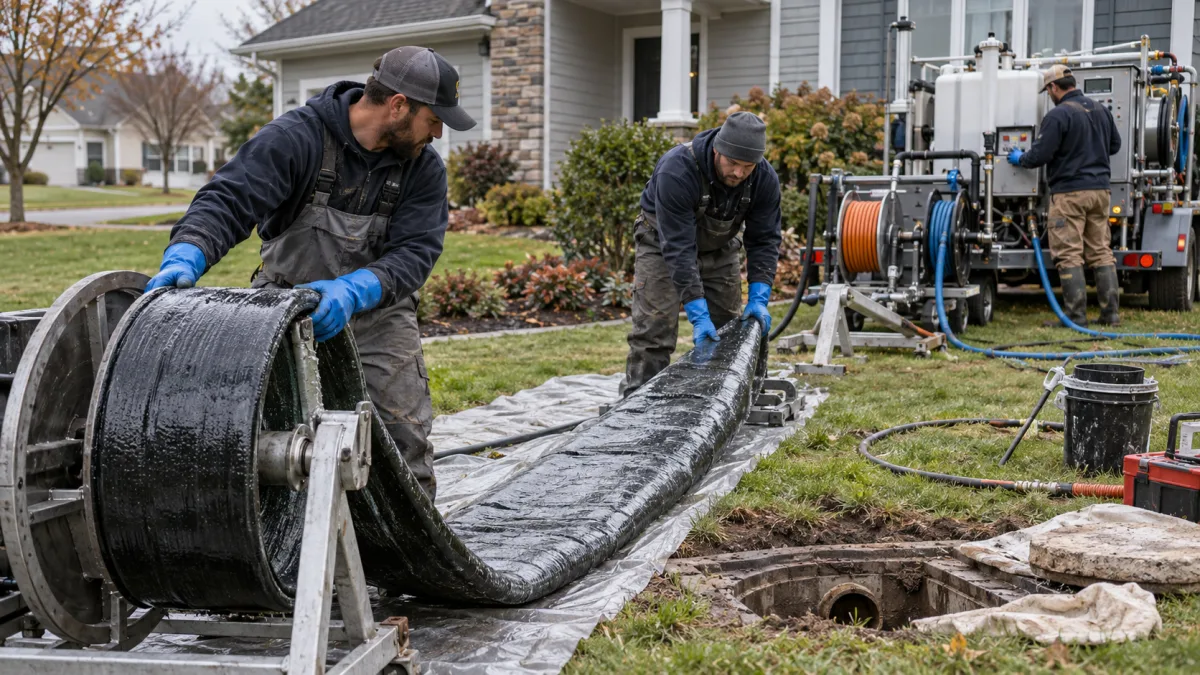 Sewer line repair cost: crew preparing a resin-saturated CIPP liner at a cleanout for trenchless sewer rehabilitation