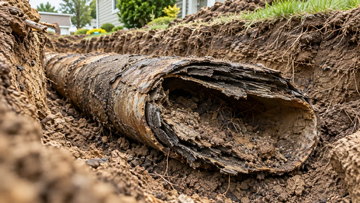 Sewer line repair cost: excavated section of deformed Orangeburg sewer pipe that has gone oval and delaminated