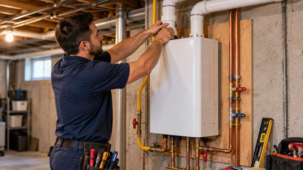 Tankless vs tank water heater conversion: wall-mounted gas tankless unit with new PVC vent pipes in an NJ basement