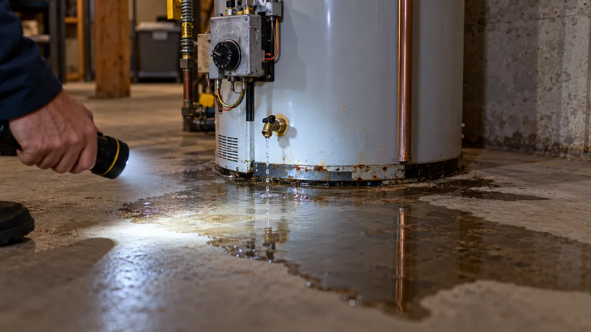 Water heater leaking in a New Jersey basement: puddle spreading across the concrete floor around the base of a gas tank water heater