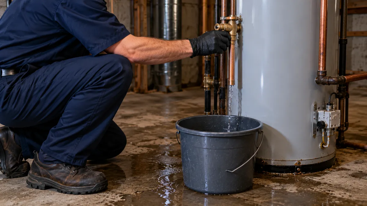 Water heater leaking from the T&P relief valve discharge pipe: plumber inspecting a dripping relief valve pipe on a gas tank water heater in a basement