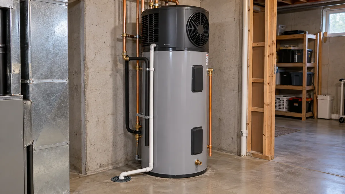 Water heater replacement cost: heat pump water heater installed in a basement utility area with condensate drain and ducting
