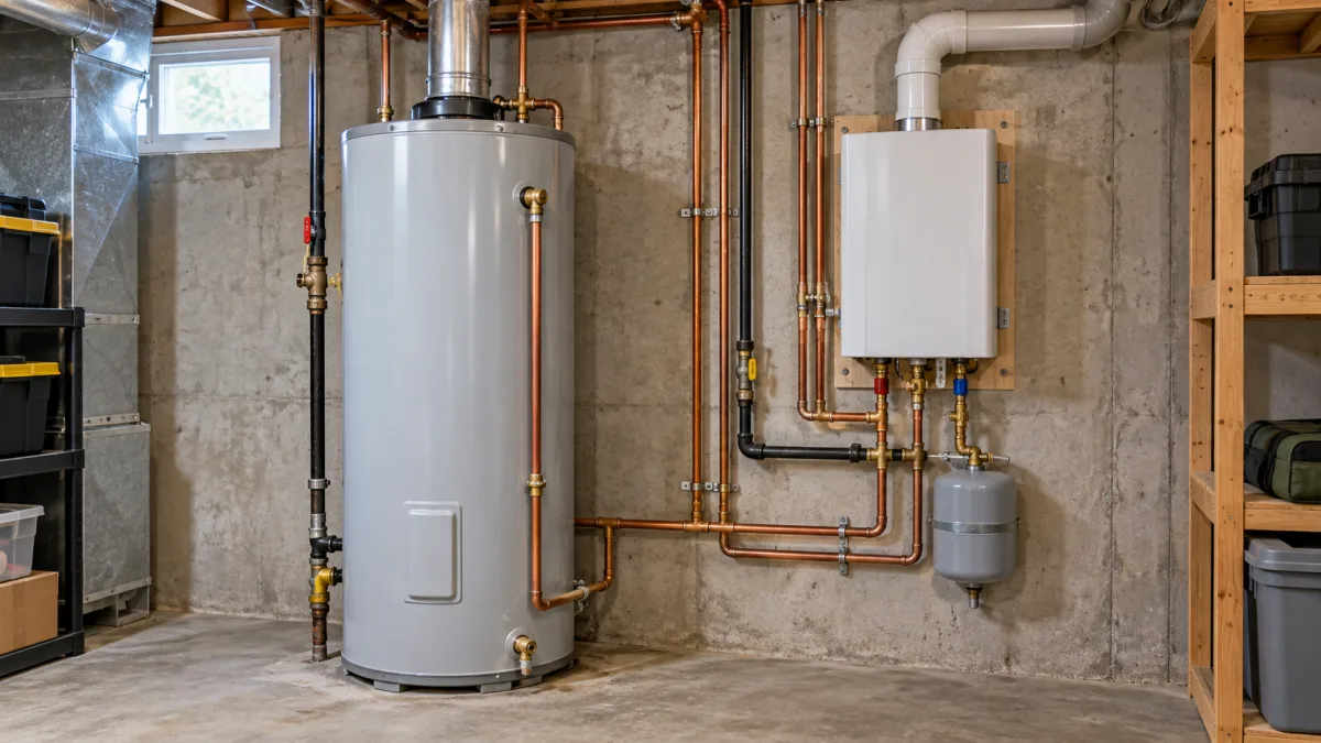 Water heater replacement cost: conventional storage tank water heater beside a wall-mounted tankless unit for comparison