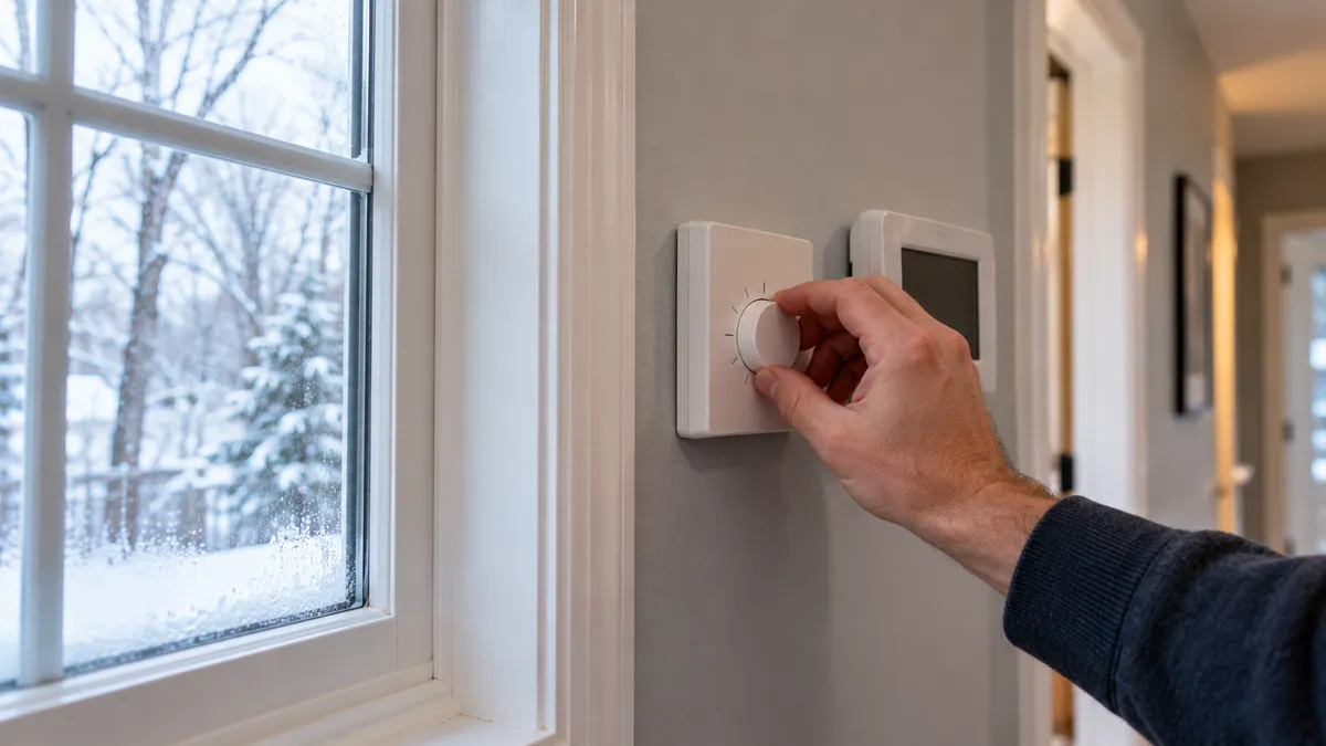 Whole house humidifier humidistat on a hallway wall set to a winter humidity level beside a programmable thermostat